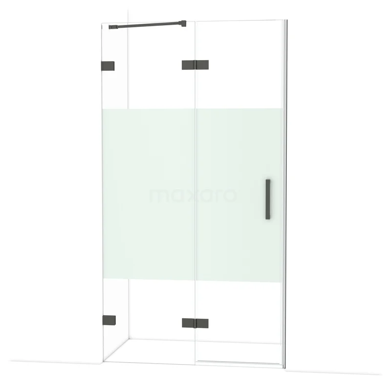 Diamond Douchedeur | 110 cm Zwart chroom Helder met matte strook Draaideur DDB21651223BC Glazen douchecabine met mat witte strook, rechthoekig ontwerp, zwarte scharnieren en handgreep, ideaal voor een moderne badkamer.