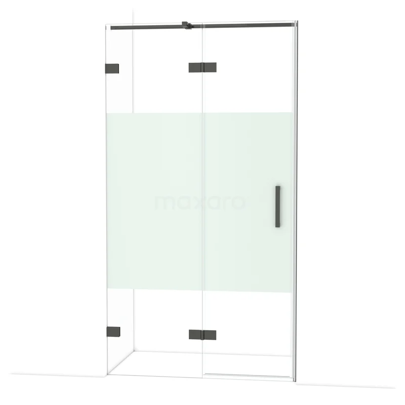 Diamond Douchedeur | 110 cm Zwart chroom Helder met matte strook Draaideur DDB21651323BC Glazen douchedeur met mat middenpaneel, zwart metalen accenten, Swing serie – stijlvolle toevoeging voor moderne badkamer.