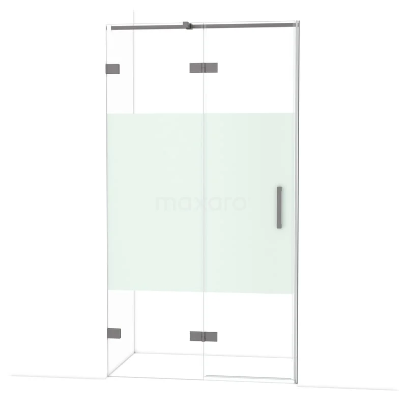 Diamond Douchedeur | 110 cm Zwart metaal Helder met matte strook Draaideur DDB21651323ZM Glazen douchecabine met matglasstrook, chromen scharnieren en handgreep, ideaal voor een moderne badkamer.