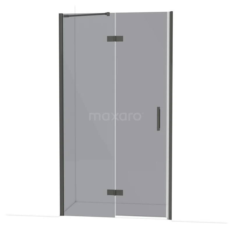 Glazen douchedeur in hoekmodel met zwart metalen scharnieren, ideaal voor een moderne badkamer.