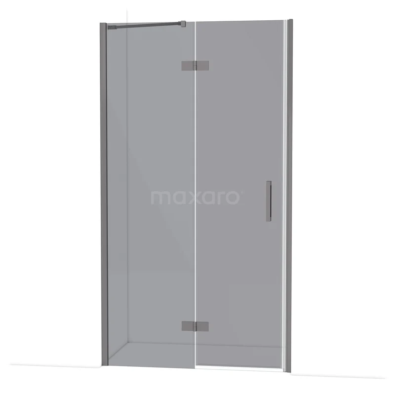 Glazen douchedeur met hoekdesign, transparant glas en metalen scharnieren, perfect voor een moderne badkamerinrichting.