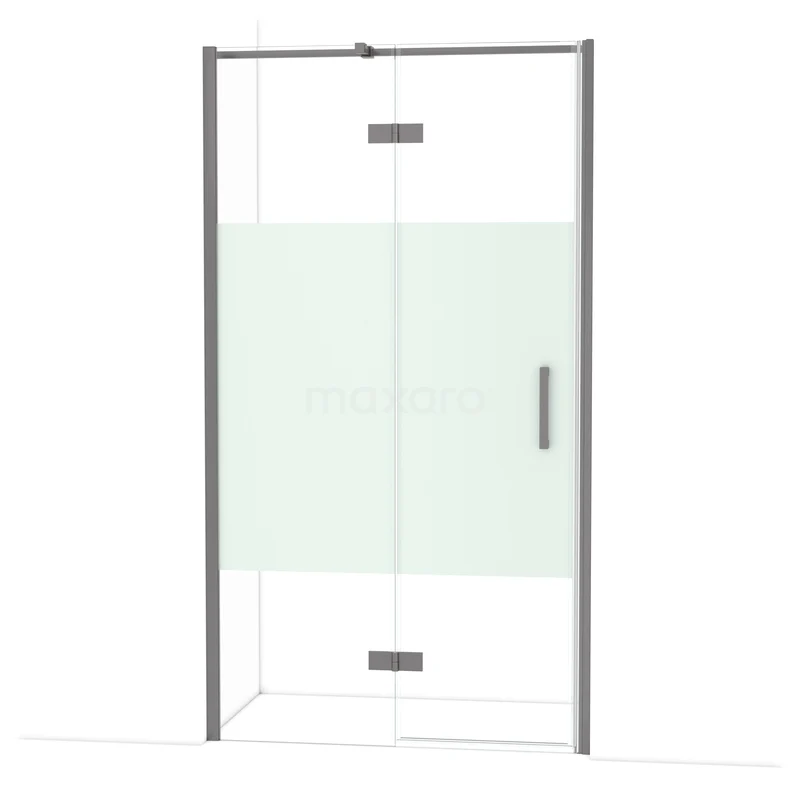 Diamond Douchedeur | 110 cm Zwart metaal Helder met matte strook Draaideur DDB21652313ZM Glazen douchedeur met matglazen paneel, metalen handgreep en zilveren profiel, perfect voor een moderne badkamerstijl.