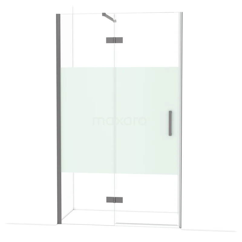 Diamond Douchedeur | 120 cm Zwart metaal Helder met matte strook Draaideur DDB21661113ZMN Douchecabine met helder glas en mat wit paneel, strakke chromen details, ideaal voor een moderne badkamer.