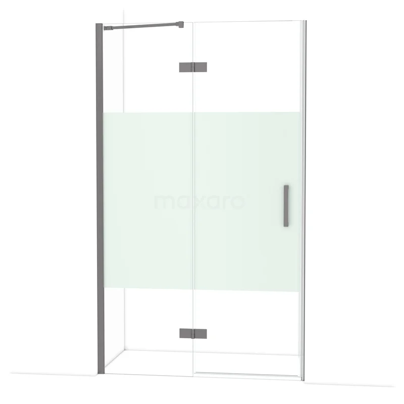 Diamond Douchedeur | 120 cm Zwart metaal Helder met matte strook Draaideur DDB21661213ZMN Glazen douchedeur met mat witte strook, aluminium profiel, strak design; ideaal voor een moderne badkamer.