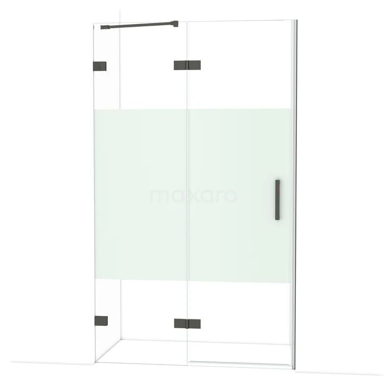 Diamond Douchedeur | 120 cm Zwart chroom Helder met matte strook Draaideur DDB21661223BC Glazen douchecabine met matte strook, hoekmodel, zwart frame en scharnieren, modern design voor elke badkamer.