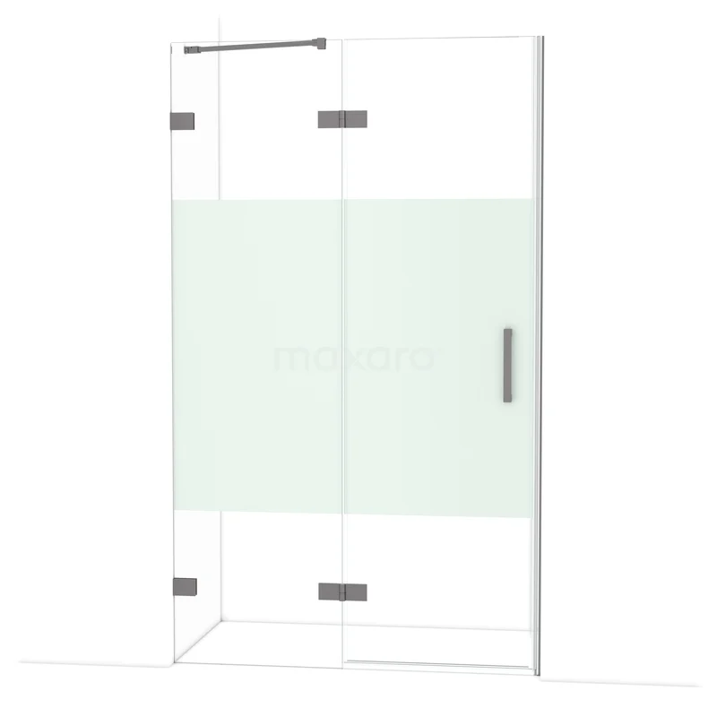 Diamond Douchedeur | 120 cm Zwart metaal Helder met matte strook Draaideur DDB21661223ZM Glazen douchecabine met mat wit middenpaneel, hoekinstap en RVS scharnieren, geschikt voor moderne badkamers.