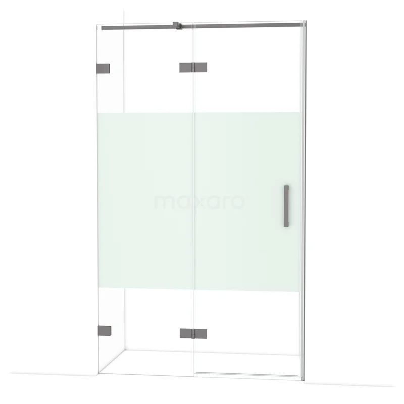 Diamond Douchedeur | 120 cm Zwart metaal Helder met matte strook Draaideur DDB21661323ZM Glazen douchecabine met matwitte strook, hoekmodel met chroom scharnieren, strak design voor een moderne badkamer.