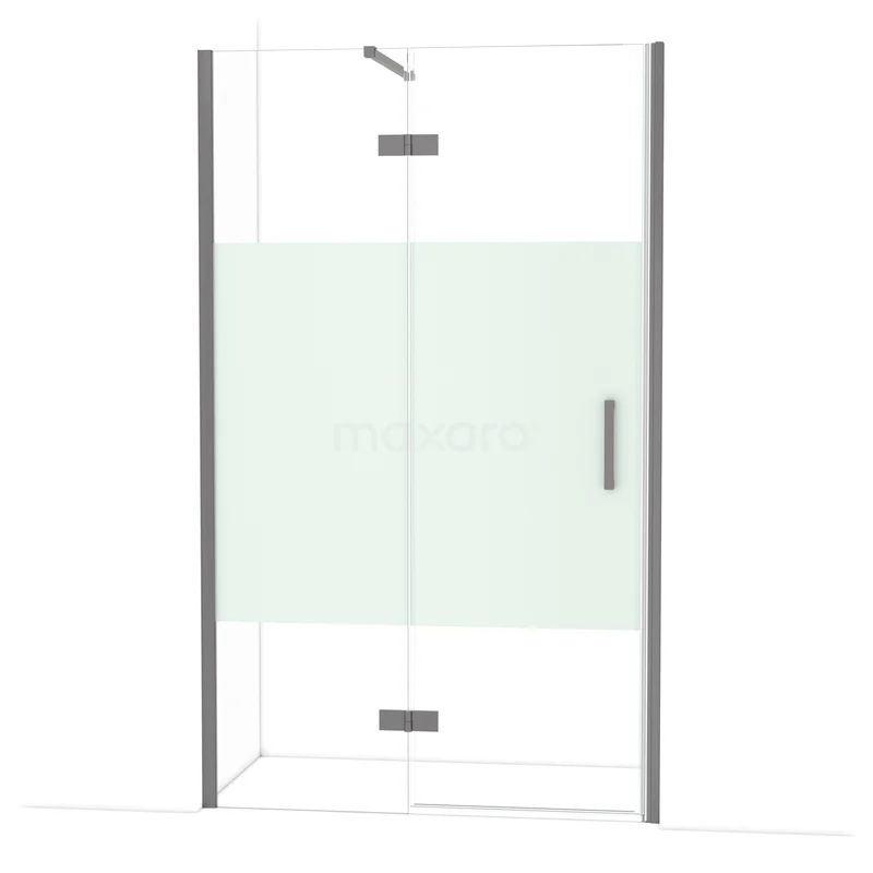 Diamond Douchedeur | 120 cm Zwart metaal Helder met matte strook Draaideur DDB21662113ZM Glazen douchecabine met matglas detail, zilveren profiel en draaideur; luxe badkameraccessoire voor een moderne uitstraling.