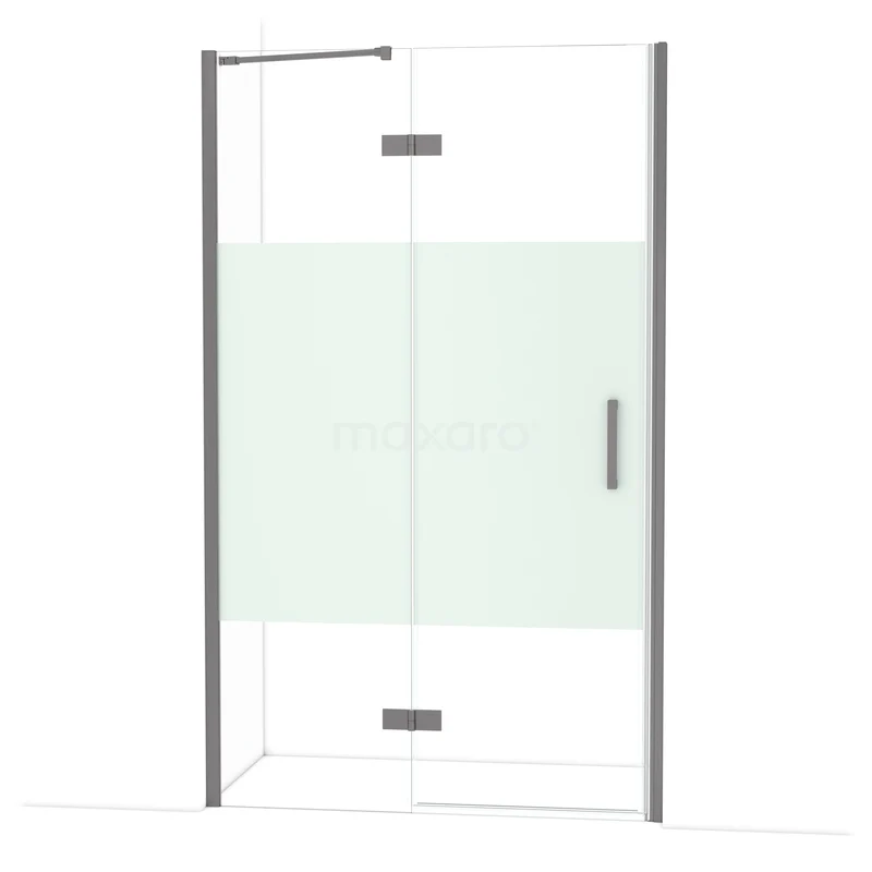 Glazen douchedeur met mat gedeelte, aluminium profiel en modern design - ideaal voor een stijlvolle badkamerrenovatie.