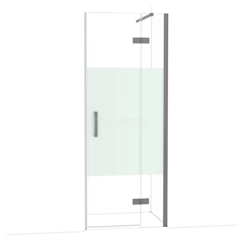 Diamond Douchedeur | 80 cm Zwart metaal Helder met matte strook Draaideur DDB22351113ZMN Glazen douchedeur met mat middenstuk, moderne chromen scharnieren en handgreep, perfecte toevoeging voor elke badkamer.