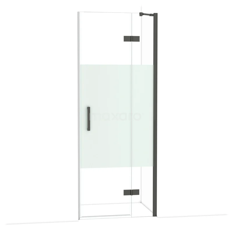 Diamond Douchedeur | 80 cm Zwart chroom Helder met matte strook Draaideur DDB22351213BCN Glazen douchedeur met matwit paneel, zwart frame en scharnieren, modern ontwerp voor een stijlvolle badkamer.