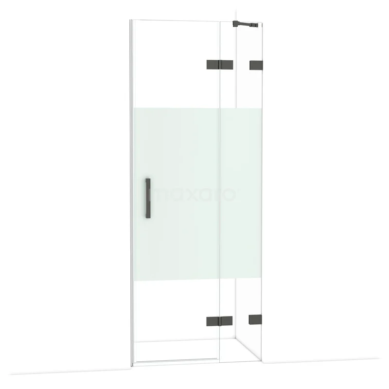 Diamond Douchedeur | 80 cm Zwart chroom Helder met matte strook Draaideur DDB22351223BC Douchedeur met helder glas en matte strook, zwart metalen handgreep, hoekdesign; ideaal voor moderne badkamerstijl.