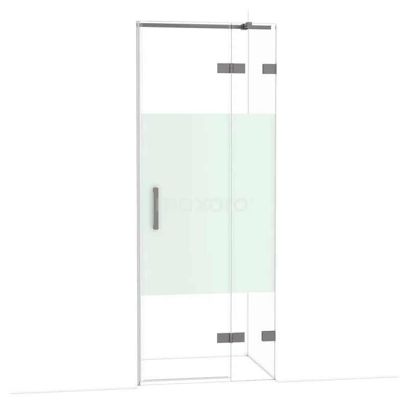 Diamond Shower door | 80 cm Black metal Clear with matt strip Pivot door DDB22351323ZM Glazen douchedeur met mat wit paneel, scharnieren en handgreep, modern design voor een strakke badkamerstijl.