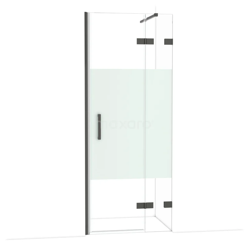 Hoekdouche met helder glas, mat zwarte details en draaideur. Modern ontwerp, ideaal voor een stijlvolle badkamerupgrade.