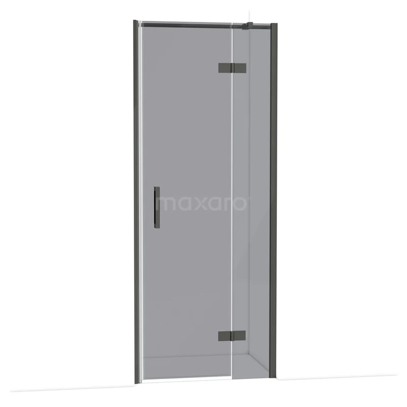 Glazen douchedeur met zwart profiel en draaimechanisme, perfect voor moderne badkamerinrichting.