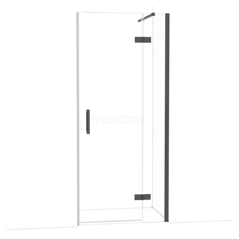 Diamond Shower door | 90 cm Black chrome Clear glass Pivot door DDB22361110BCN Glazen douchedeur met zwart metalen accenten, minimalistisch design, ideaal voor een moderne badkamer.