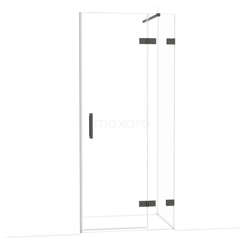 Diamond Douchedeur | 90 cm Zwart chroom Helder glas Draaideur DDB22361120BC Rechte douchedeur van helder glas met zwarte scharnieren en handgreep, perfect voor een moderne badkamerstijl.