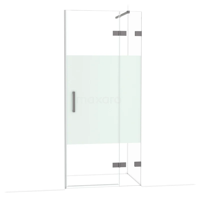 Diamond Douchedeur | 90 cm Zwart metaal Helder met matte strook Draaideur DDB22361123ZM Glazen douchedeur met aluminium scharnieren en mat gedeelte, ideaal voor een moderne badkamerinrichting.