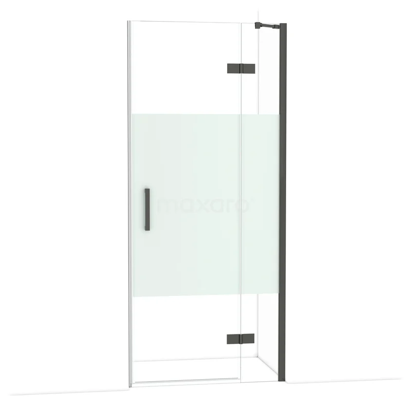 Diamond Douchedeur | 90 cm Zwart chroom Helder met matte strook Draaideur DDB22361213BCN Glazen douchedeur met mat wit middenpaneel en zwarte scharnieren, ideaal voor een moderne badkamerinrichting.