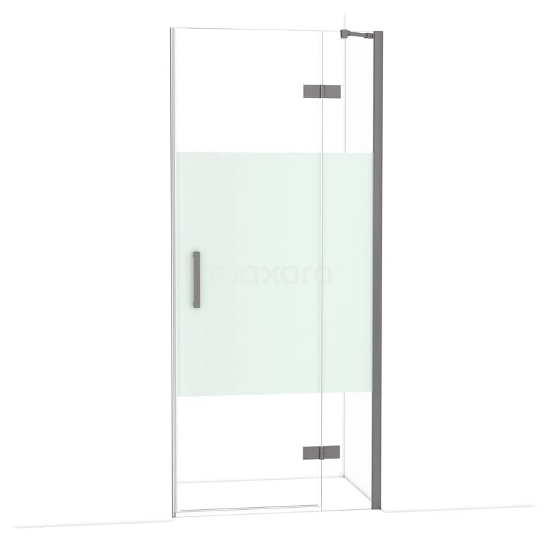 Diamond Douchedeur | 90 cm Zwart metaal Helder met matte strook Draaideur DDB22361213ZMN Glazen douchedeur met mat middenpaneel, chromen scharnieren en handgreep, ideaal voor moderne badkamers.