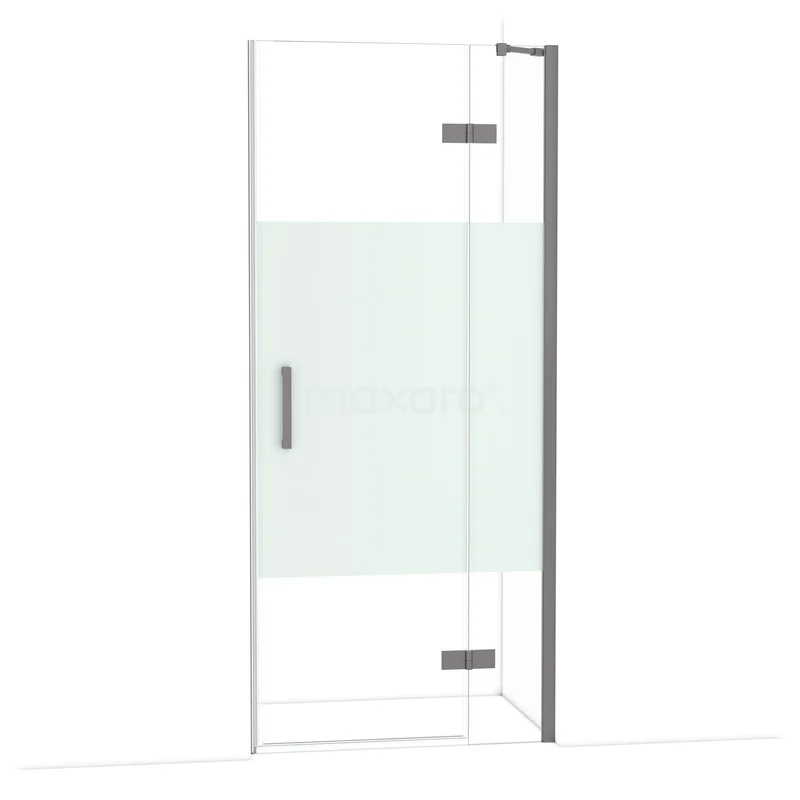 Diamond Shower door | 90 cm Black metal Clear with matt strip Pivot door DDB22361213ZMN Glazen douchedeur met mat middenpaneel, chromen scharnieren en handgreep, ideaal voor moderne badkamers.