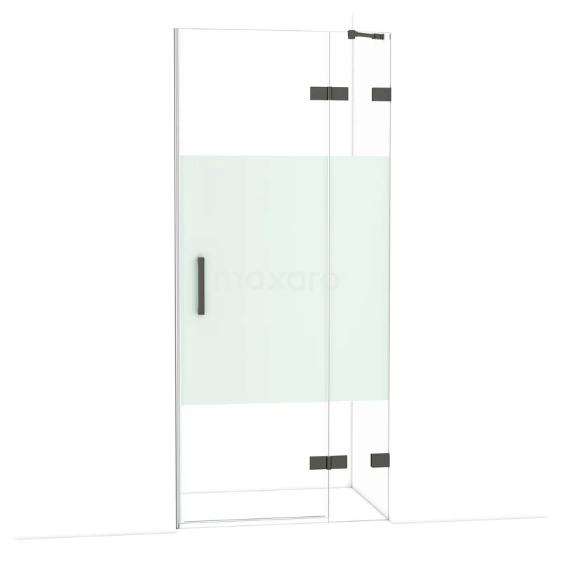Diamond Douchedeur | 90 cm Zwart chroom Helder met matte strook Draaideur DDB22361223BC Glazen douchedeur met mat wit strookdesign, zwart beslag en draaifunctie, perfect voor een moderne badkamerstijl.