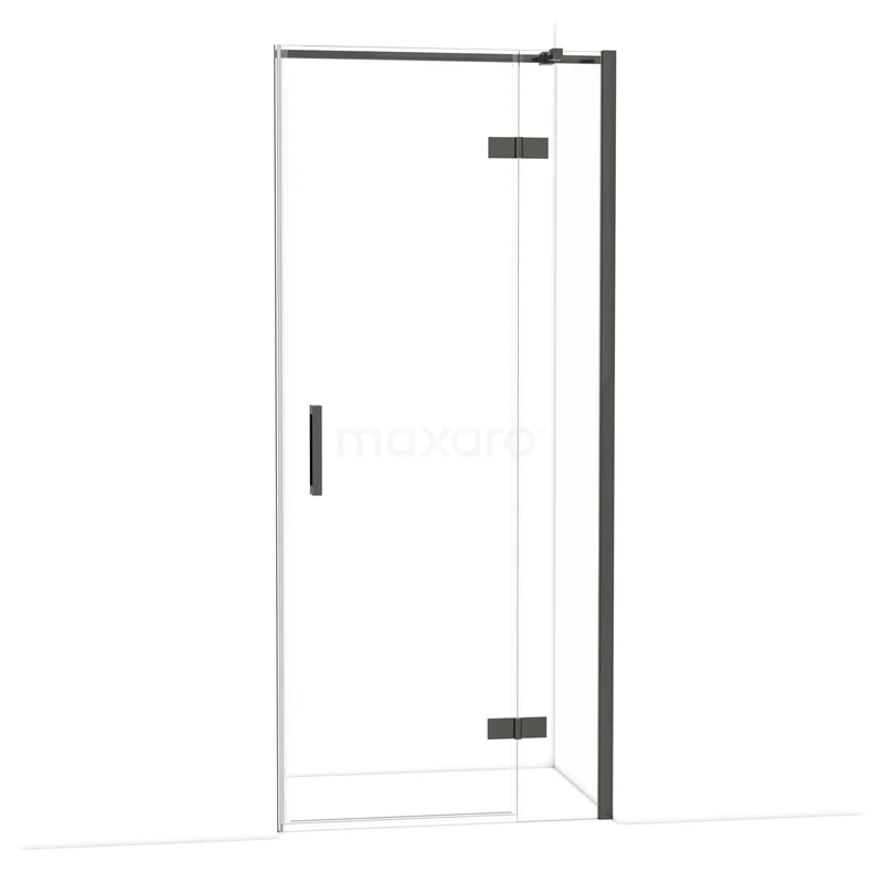 Diamond Douchedeur | 90 cm Zwart chroom Helder glas Draaideur DDB22361310BCN Glazen douchedeur met zwart frame, scharnieren en handvat, ideaal voor een moderne badkamerinrichting.