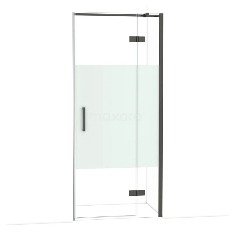 Diamond Douchedeur | 90 cm Zwart chroom Helder met matte strook Draaideur DDB22361313BCN Douchedeur van helder veiligheidsglas met zwart profiel, draaimechanisme en mat glazen detail, ideaal voor een moderne badkamer.