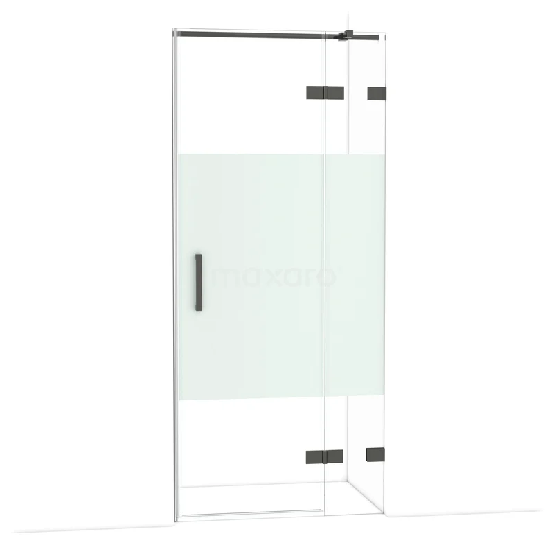 Diamond Shower door | 90 cm Black chrome Clear with matt strip Pivot door DDB22361323BC Douchedeur met mat glasstrook, draaideur van gehard glas en zwarte accenten, ideaal voor een moderne badkamer.