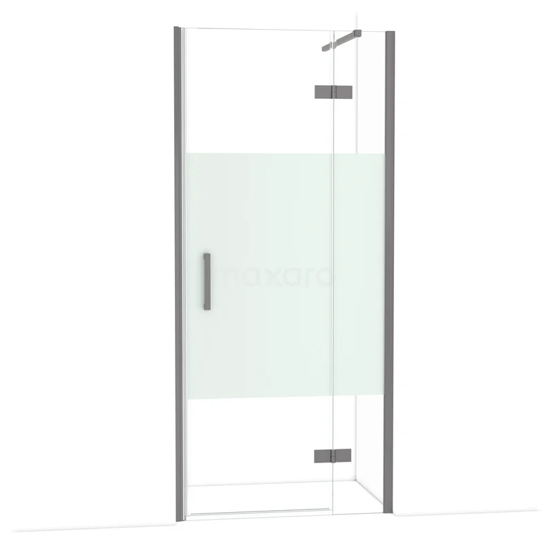 Diamond Douchedeur | 90 cm Zwart metaal Helder met matte strook Draaideur DDB22362113ZM Moderne glazen douchecabine met mat wit decor, hoekinstap en roestvrijstalen accenten voor een stijlvolle badkamer.