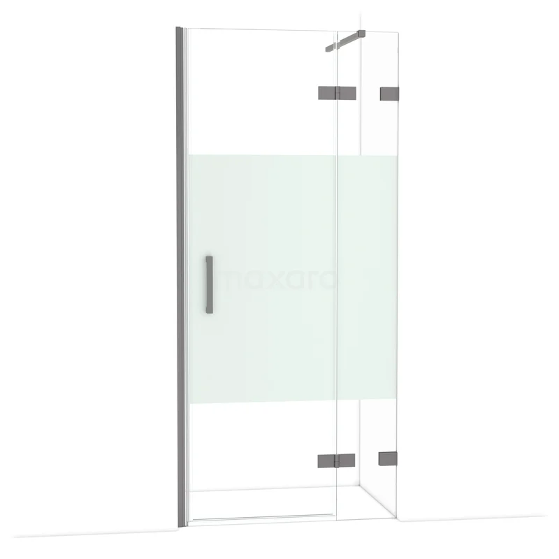 Diamond Douchedeur | 90 cm Zwart metaal Helder met matte strook Draaideur DDB22362123ZM Glazen douchedeur met mat wit middenpaneel, aluminium scharnieren en handgreep, ideaal voor een moderne badkamer.