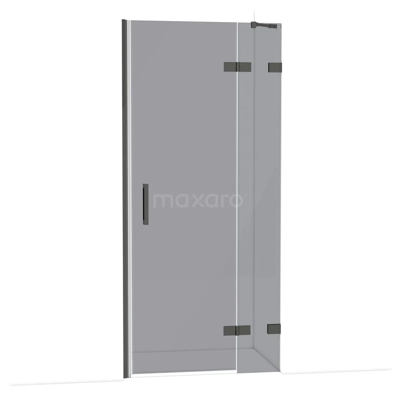 Diamond Shower door | 90 cm Black chrome Smoke glass Pivot door DDB22362221BC Glazen douchedeur met matzwart frame en scharnieren, strak ontwerp voor een moderne badkamerstijl.