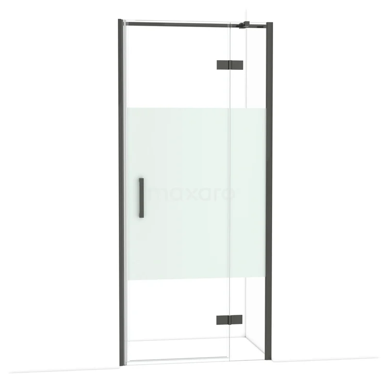 Diamond Douchedeur | 90 cm Zwart chroom Helder met matte strook Draaideur DDB22362313BC Douchedeur met strak zwart frame, helder glas en mat gedeelte; ideaal voor moderne badkamers.
