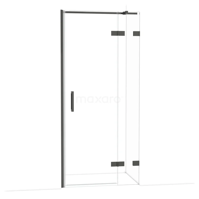 Diamond Shower door | 90 cm Black chrome Clear glass Pivot door DDB22362320BC Glazen douchedeur met zwart profiel, hoekinstap, helder glas en scharnieren. Perfect voor een moderne badkamerstijl.
