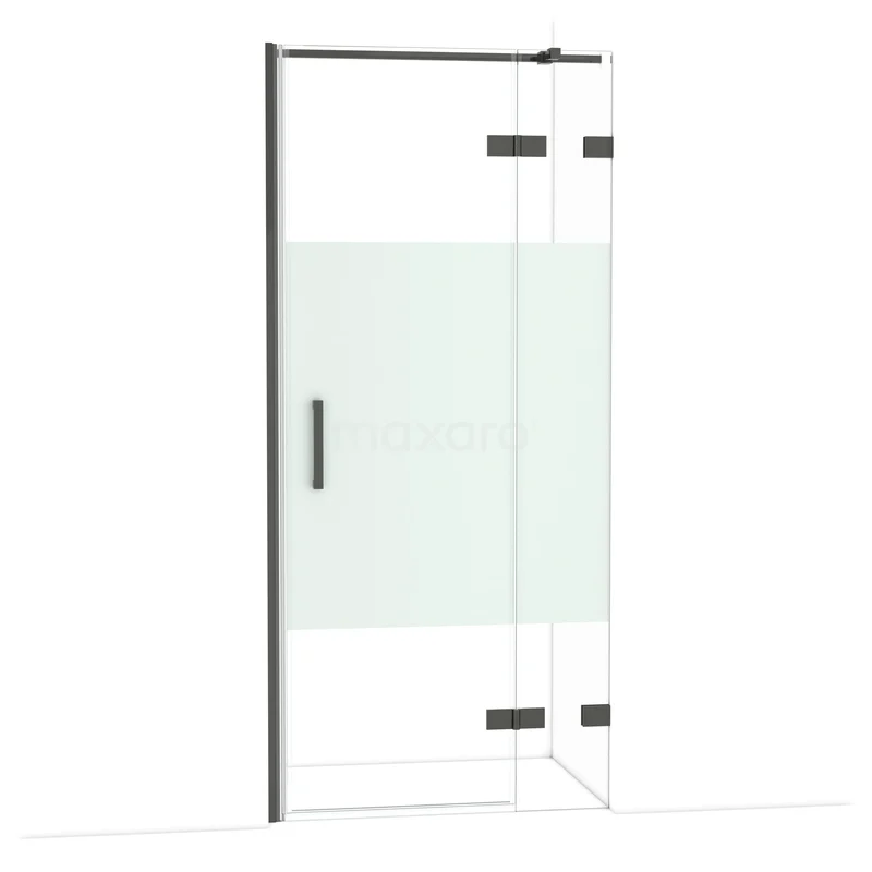 Diamond Shower door | 90 cm Black chrome Clear with matt strip Pivot door DDB22362323BC Douchedeur zwart, Pivot-serie, glas met matte strook, modern ontwerp voor stijlvolle badkamerinrichting.