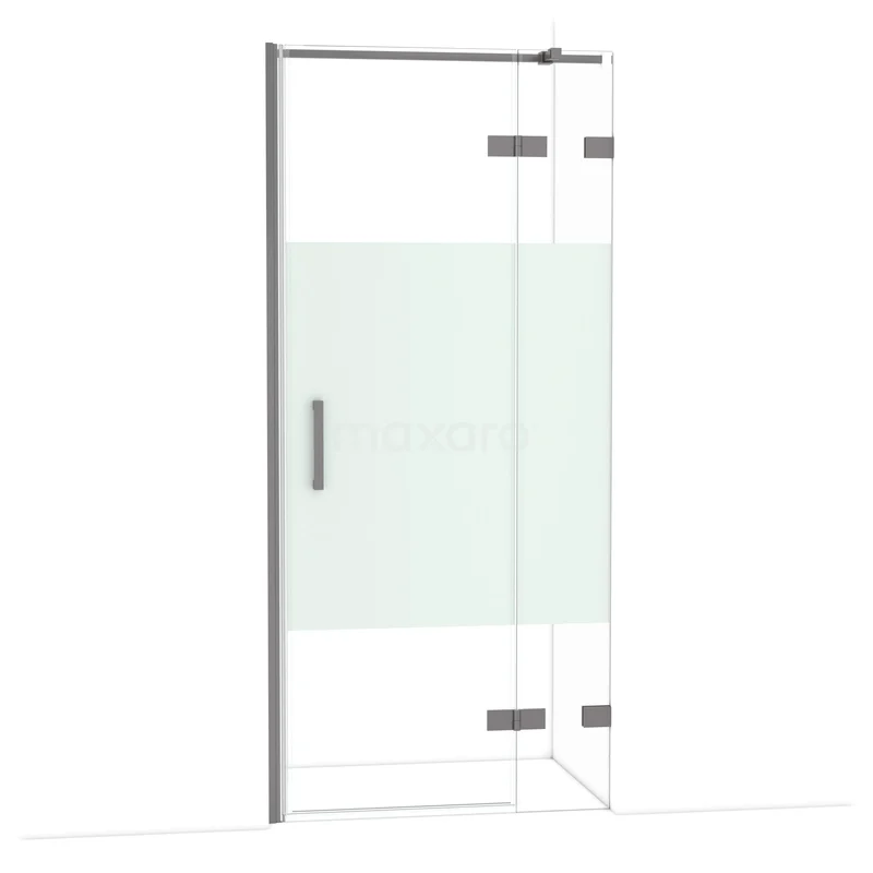 Diamond Douchedeur | 90 cm Zwart metaal Helder met matte strook Draaideur DDB22362323ZM Glazen douchedeur met matglasstrook, zilveren randen en scharnieren, ideaal voor een moderne badkamer.