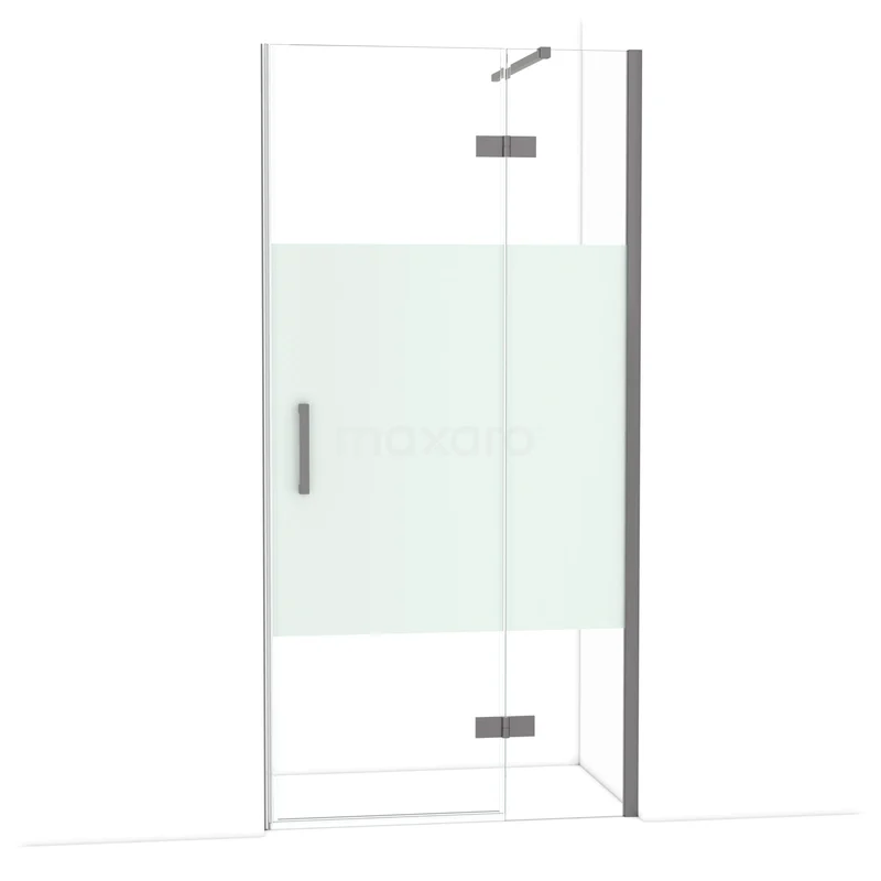 Diamond Douchedeur | 100 cm Zwart metaal Helder met matte strook Draaideur DDB22461113ZMN Glazen douchedeur met matglas, chromen handvat en scharnieren, ruimtebesparend ontwerp ideaal voor moderne badkamers.