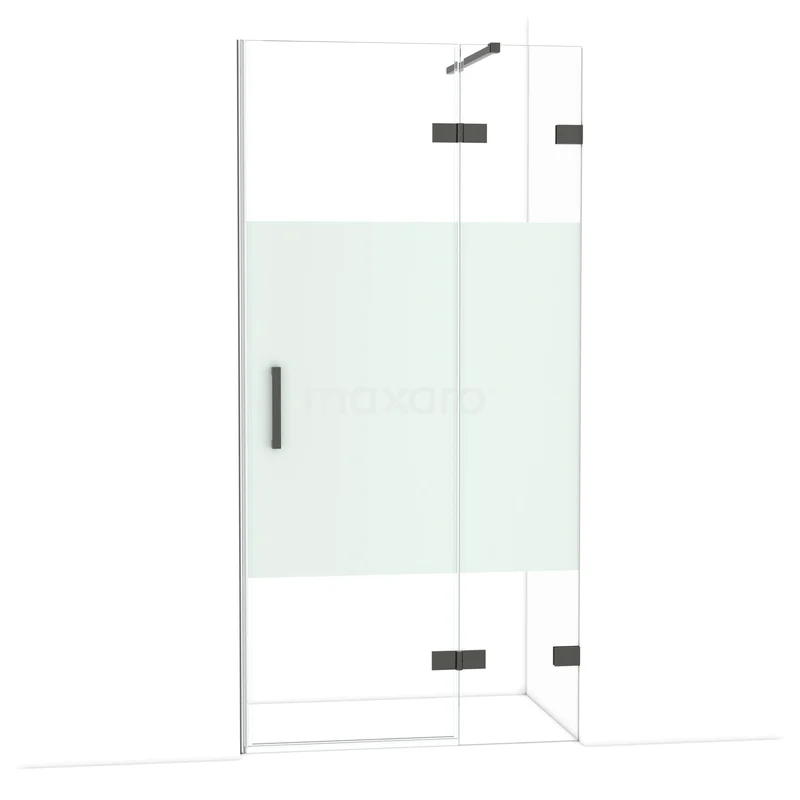 Diamond Douchedeur | 100 cm Zwart chroom Helder met matte strook Draaideur DDB22461123BC Glazen douchecabine met mat witte strip, zwart metalen scharnieren en handgreep; modern design voor de badkamer.