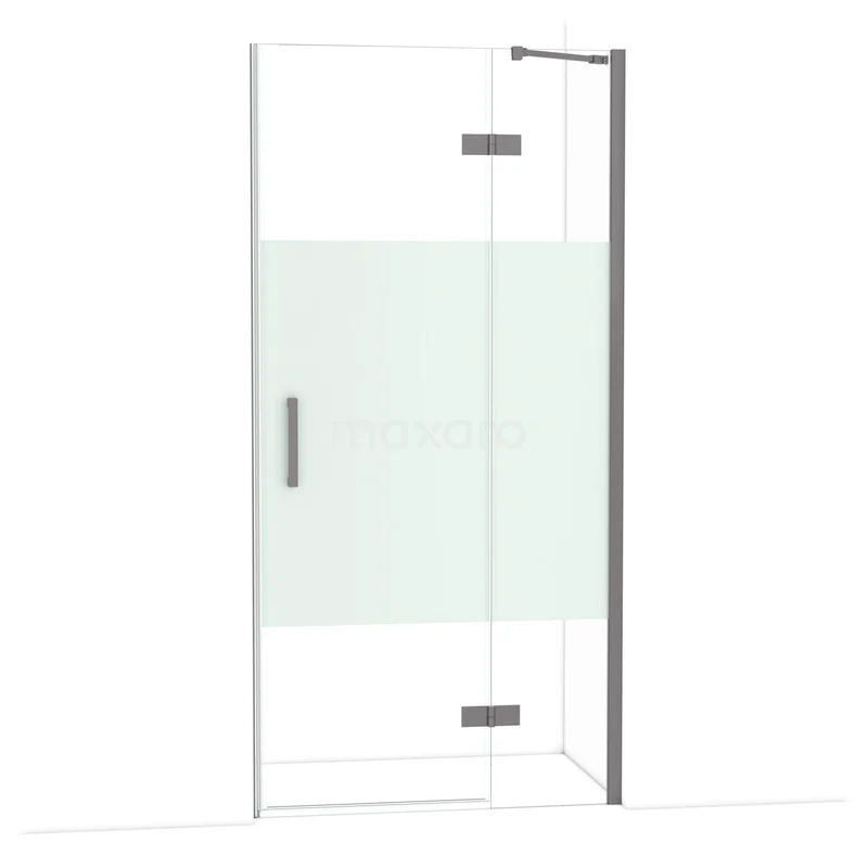 Diamond Douchedeur | 100 cm Zwart metaal Helder met matte strook Draaideur DDB22461213ZMN Douchedeur met scharnieren, helder glas met mat wit paneel, aluminium frame, perfect voor een strakke badkamerstijl.
