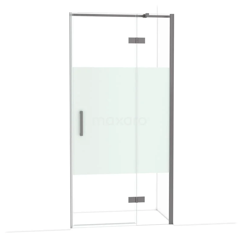 Diamond Douchedeur | 100 cm Zwart metaal Helder met matte strook Draaideur DDB22461313ZMN Glazen douchedeur met mat glazen middenpaneel en RVS accenten, ideaal voor een moderne badkamer.