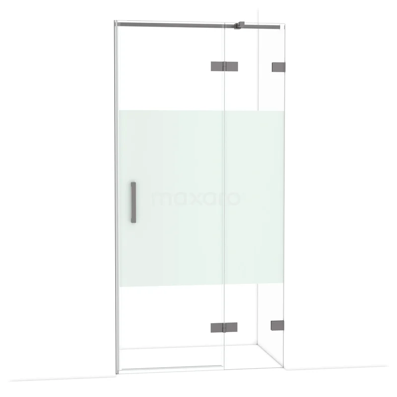 Diamond Douchedeur | 100 cm Zwart metaal Helder met matte strook Draaideur DDB22461323ZM Douchedeur van helder glas met mat witte strook, hoekmodel met roestvrijstalen scharnieren en strakke handgreep.