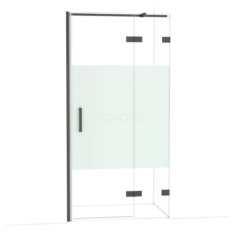 Diamond Douchedeur | 100 cm Zwart chroom Helder met matte strook Draaideur DDB22462323BC Douchedeur van helder glas met matte band, zwarte afwerking en draaideur; ideaal voor moderne badkamerinrichting.