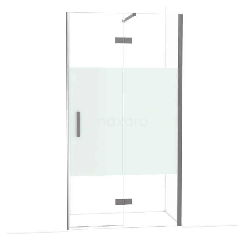Diamond Douchedeur | 110 cm Zwart metaal Helder met matte strook Draaideur DDB22651113ZMN Glazen douchedeur met mat witte band, verchroomde onderdelen en strak design, perfect voor een moderne badkamer.