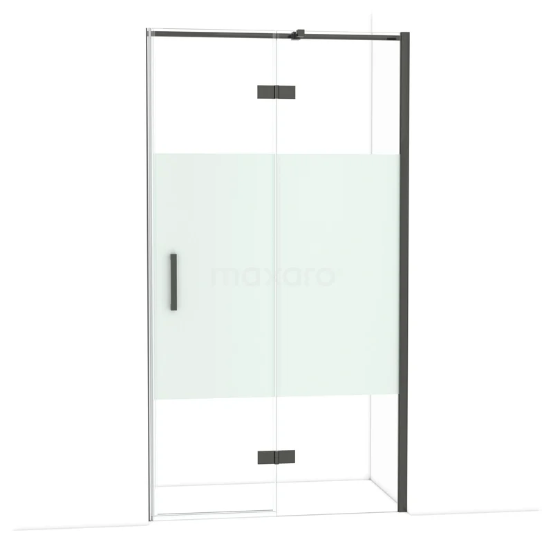 Diamond Shower door | 110 cm Black chrome Clear with matt strip Pivot door DDB22651313BCN Glass shower door with frosted strip, black metal profile and handle, sleek design for modern bathrooms.