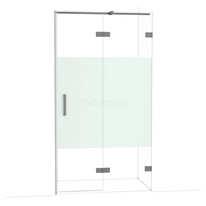 Diamond Douchedeur | 110 cm Zwart metaal Helder met matte strook Draaideur DDB22651323ZM Glazen douchedeur met mat middenvlak, zilverkleurige handgreep en scharnieren, modern design voor stijlvolle badkamers.