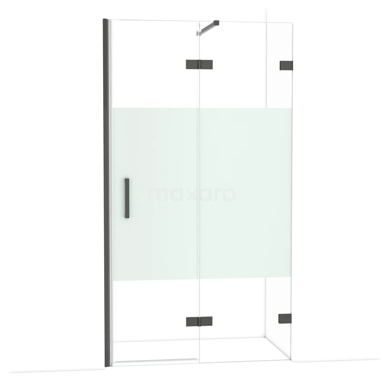 Diamond Douchedeur | 110 cm Zwart chroom Helder met matte strook Draaideur DDB22652123BC Glazen douchewand met mat wit paneel, zwart stalen accenten en hoekontwerp, ideaal voor moderne badkamers.