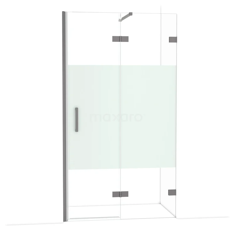 Diamond Douchedeur | 110 cm Zwart metaal Helder met matte strook Draaideur DDB22652123ZM Glazen douchecabine met mat wit middenpaneel, aluminium profielen en scharnieren, ideaal voor een moderne badkamer.
