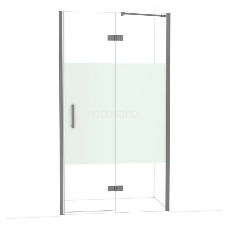 Glazen douchewand met helder glas en mat wit detail, metalen beslag, ideaal voor een moderne badkamer.