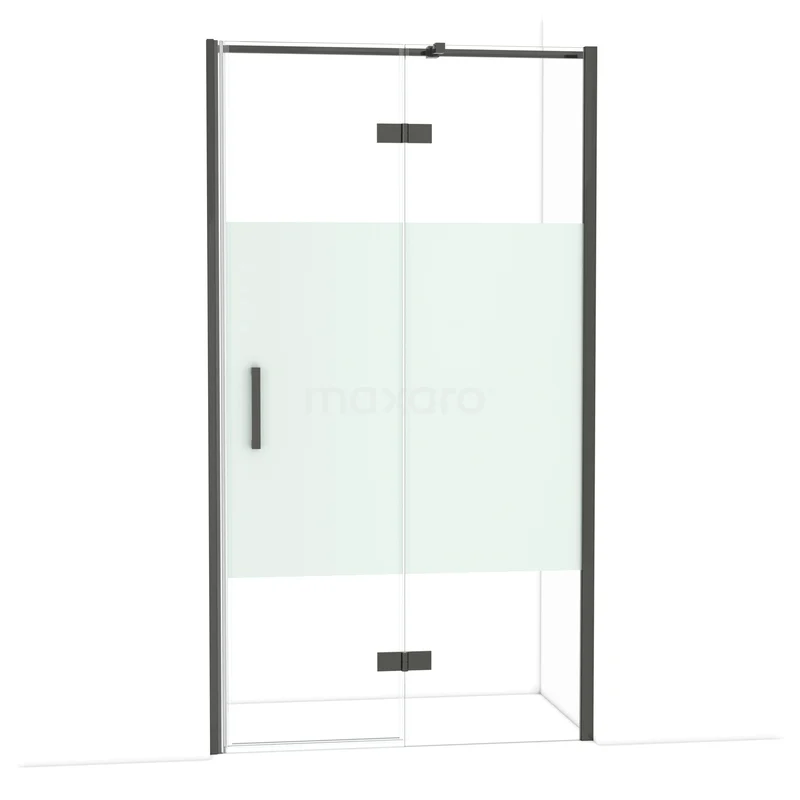Diamond Douchedeur | 110 cm Zwart chroom Helder met matte strook Draaideur DDB22652313BC Glazen douchedeur met zwart frame, mat strookdesign en schuifdeur, perfect voor een moderne badkamer.