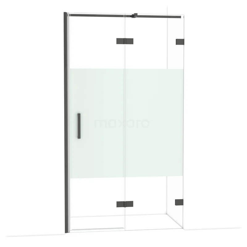 Diamond Douchedeur | 110 cm Zwart chroom Helder met matte strook Draaideur DDB22652323BC Douchedeur met mat zwarte accenten en helder glas, inclusief melkglazen paneel voor subtiele privacy in de badkamer.